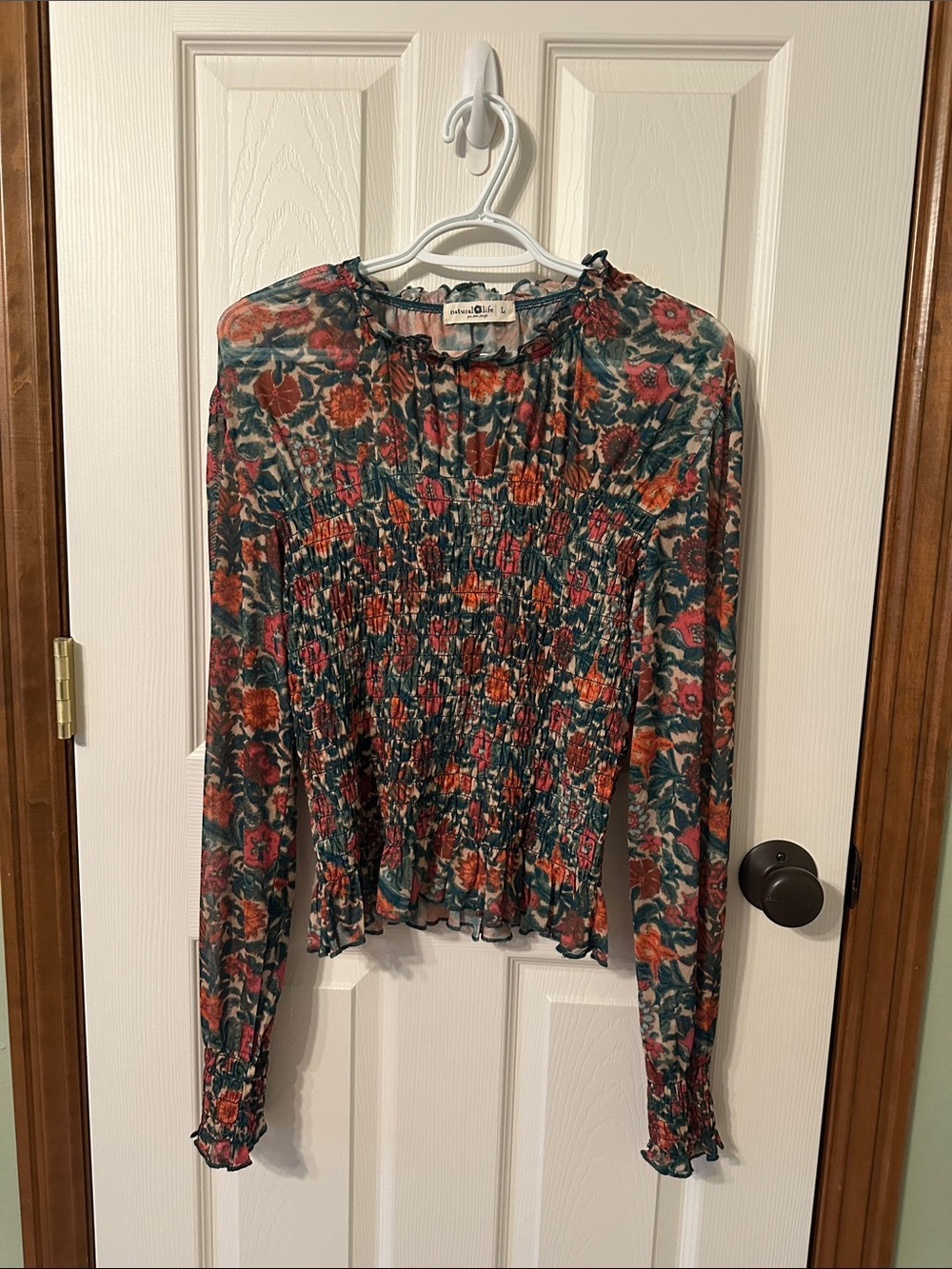 NATURAL LIFE Floral Smocked Peasant Blouse - Teal & Rust